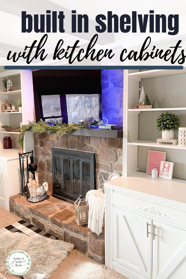 These DIY built ins with stock cabinets are a simple way to create built in shelving in your living room. Built a bookcase on top of a stock cabinet, then trim and paint!  #livingroomdecor #builtins #homewoodworking #diyhomedecor #diyhomeprojects