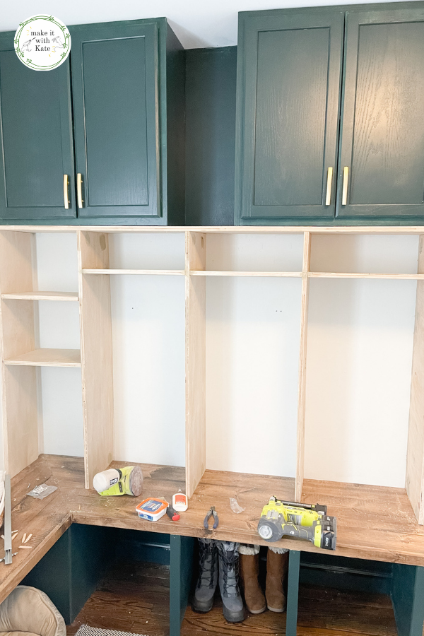 These DIY mudroom lockers are the perfect way to add storage and functionality to any wall space. Plus, see the bench and cabinets here too. #diymudroom #mudroombuild #mudroomlockers #entrywaylockers #buildingplans