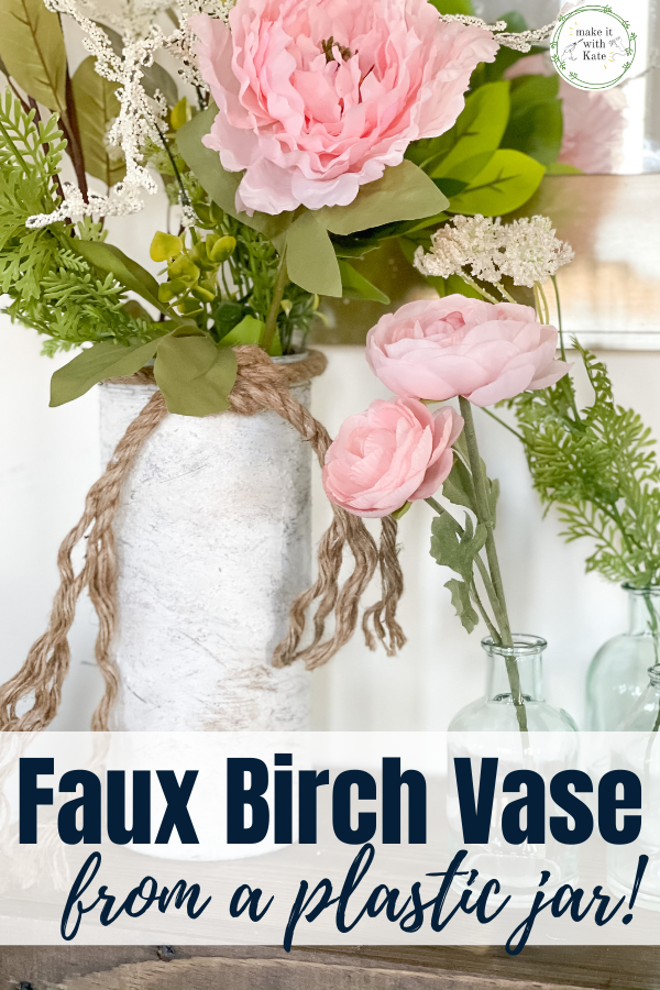 This faux birch vase is made from an empty plastic jar, some paint and some dirt. See how to transform plastic into faux birch! #diycraft #recycledcrafts #fauxvase #diypottery #mudvase #diyartsandcrafts #diyhomedecor #farmhousedecor #modernfarmhouse