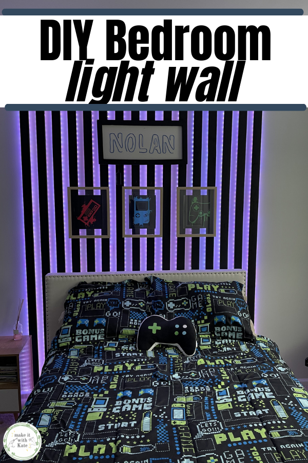This bedroom light wall uses an accent slat wall wrapped with led lights to create a fun accent wall sure to please anyone. #accentwall #lightwall #ledlightwall #teenbedroom #bedroommakeover