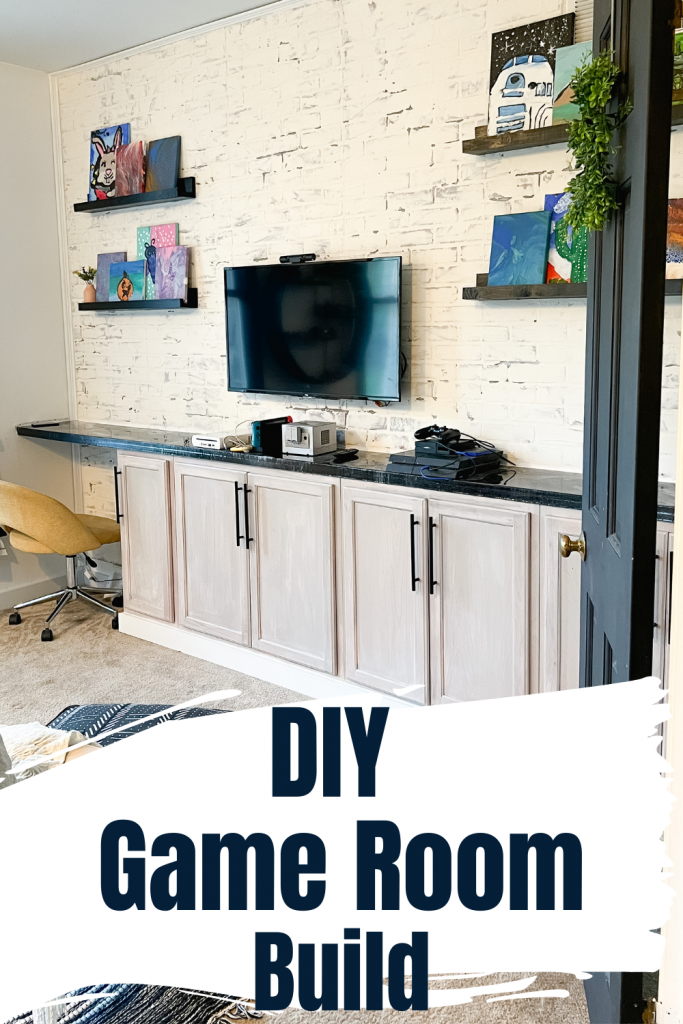 The 8 week process of doing the Fall One Room Challenge game room makeover. From stock cabinet built ins to faux marble and brick. 