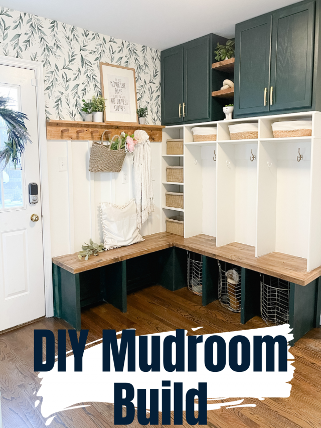 This DIY mud room build includes a mudroom corner bench, mudroom lockers, cabinets, and board and batten with a peg rail and shelf tutorials