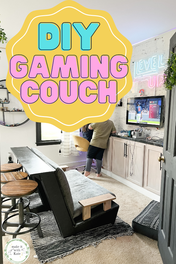 This gaming couch is made out of scrap wood and is the perfect addition to a game room for kids, with seating for 5 in a small space