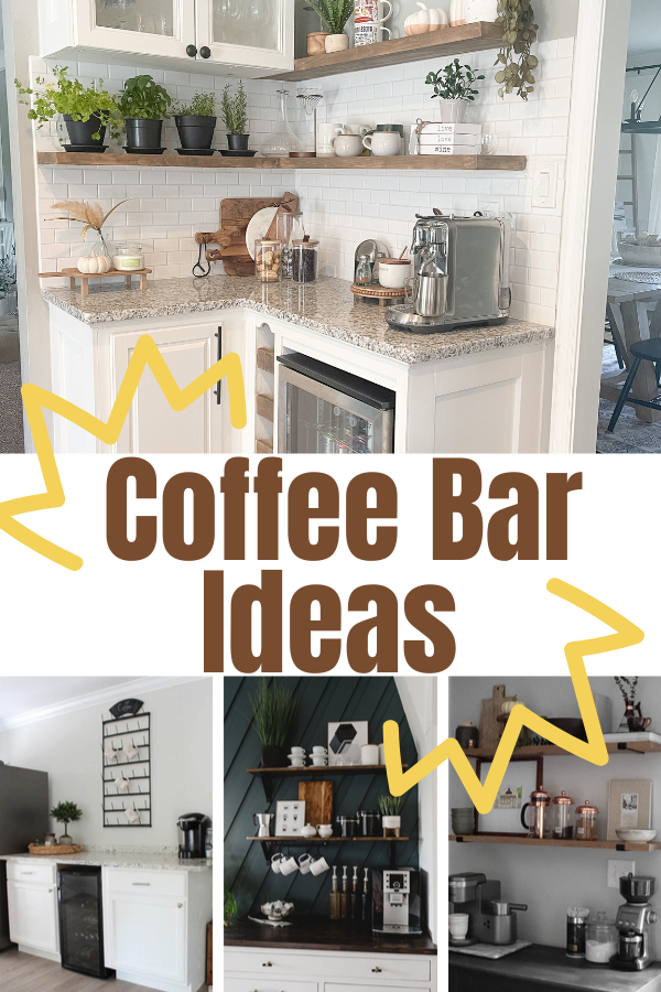 These DIY coffee bar ideas include cabinets and floating shelves, building plans, and ideas for transforming furniture into home coffee bars.