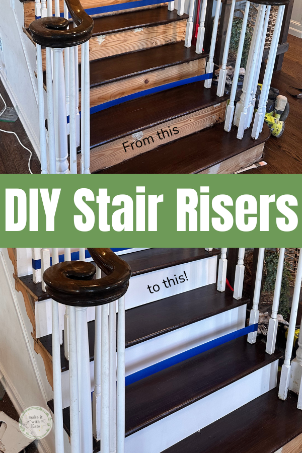 These DIY stair risers made out of 1/8" hardboard are a great budget-friendly option for a staircase makeover going from carpet to wood.