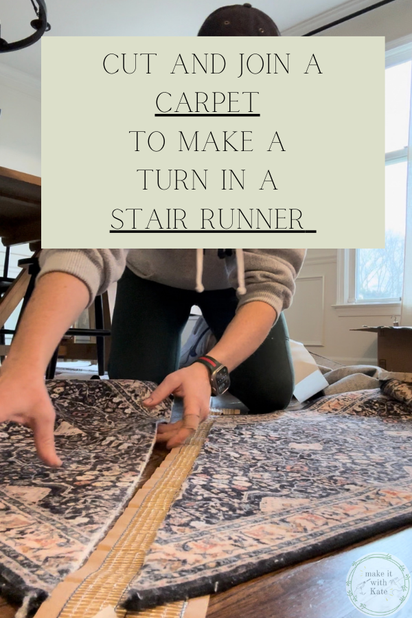 This DIY stair runner tutorial will explain how to take two runner rugs and join a cut diagonal seam to make a corner turn for a landing.