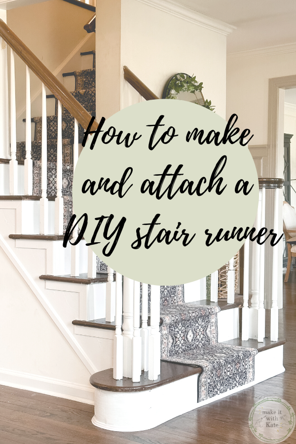 This DIY stair runner tutorial will explain how to take two runner rugs and join a cut diagonal seam to make a corner turn for a landing.